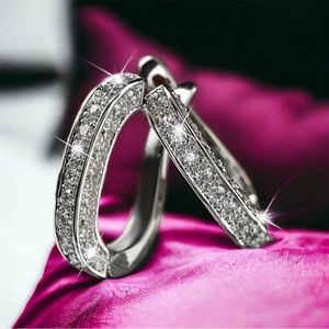 CLEARANCE ~ Dainty Silver Rhinestone Oval Hoop Earrings Post & Hinged Snap Back